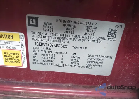 2015 GMC Acadia Denali z USA, uszkodzony, nr VIN 1GKKVTKD2FJ378422